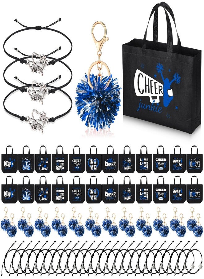 Landical 72 Pcs Cheerleading Gifts 24 Cheer Bags Portable 24 Pom Pom Keychain 24 Cheerleading Bracelet Canvas Cheerleading Makeup Bag Bulk Cheer Gifts Female Teammates Toiletries Accessories(Blue) - Image 1