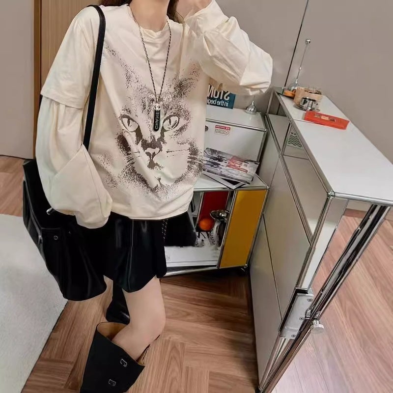 Jimo in stock 24 Early Autumn openyy Fake Two-piece Long-sleeved T-shirt Fashion Brand Cat Printing Stitching Long-sleeved T-shirt Top - Image 1