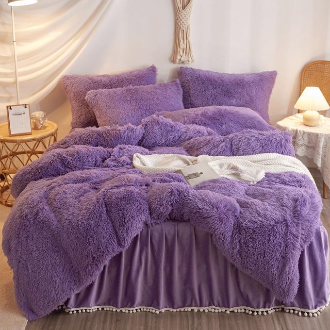 FLUFFY PURPLE COMFORTER COVER SET QUEENPLUSH FUZZY PURPLE BEDDING SETS 3 PIECES1 FLUFFY DUVET COVER 2 SHAGGY PILLOWCASES FURRY FAUX FUR BED SET QUEEN