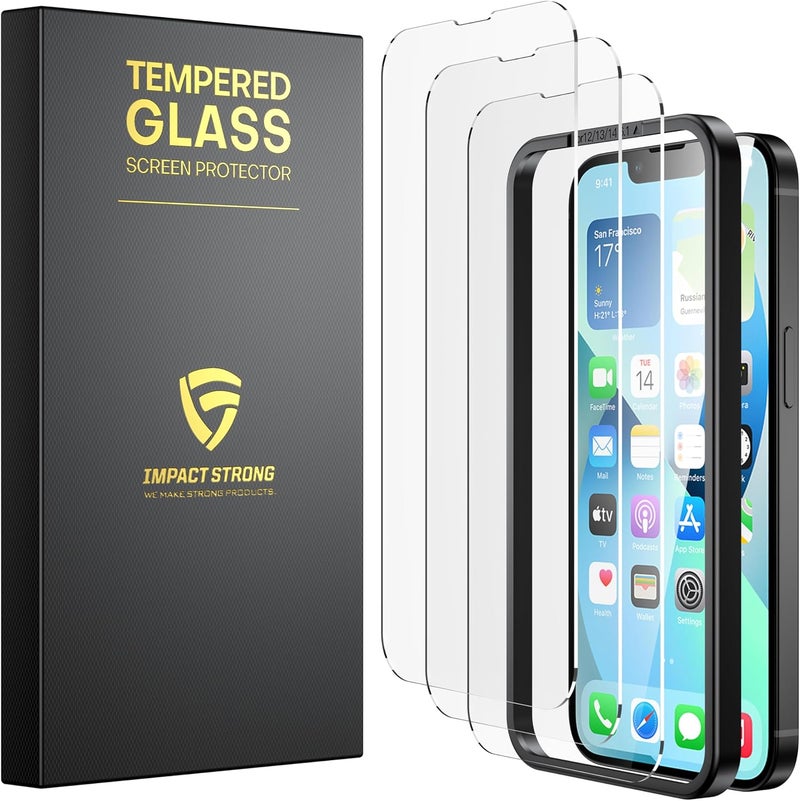 ImpactStrong Shatterproof Tempered Glass Screen Protector for iPhone 14 [Easy Installation Frame] [Bubble Free] [9H Hardness] [Full Coverage] Case Friendly, 6.1 Inch - (3-Pack) - Image 1