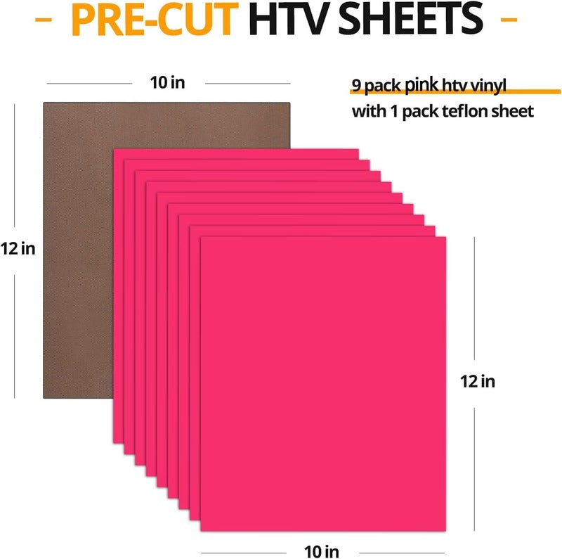 HTVRONT Pink Heat Transfer Vinyl Bundle - 10 Pack 12" x 10" HTV Vinyl for T-Shirt, Neon Pink Iron on Vinyl for All Cutting Machine or Heat Press Machine - Image 2