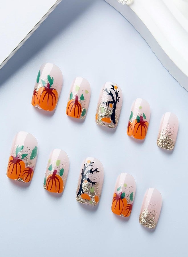 ASABITE 24Pcs Fall Press on Nails Short Square Fake Nails Halloween False Nails with Pumpkin Withered Tree Design Glitter Acrylic Nails Press ons Reusable Stick on Nail Halloween Glue on Nail for Women - Image 5