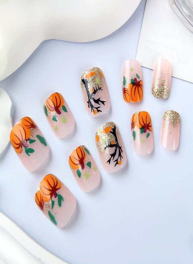 ASABITE 24Pcs Fall Press on Nails Short Square Fake Nails Halloween False Nails with Pumpkin Withered Tree Design Glitter Acrylic Nails Press ons Reusable Stick on Nail Halloween Glue on Nail for Women - Image 4