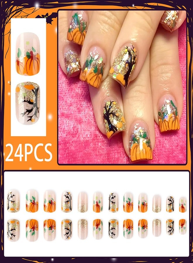 ASABITE 24Pcs Fall Press on Nails Short Square Fake Nails Halloween False Nails with Pumpkin Withered Tree Design Glitter Acrylic Nails Press ons Reusable Stick on Nail Halloween Glue on Nail for Women - Image 2