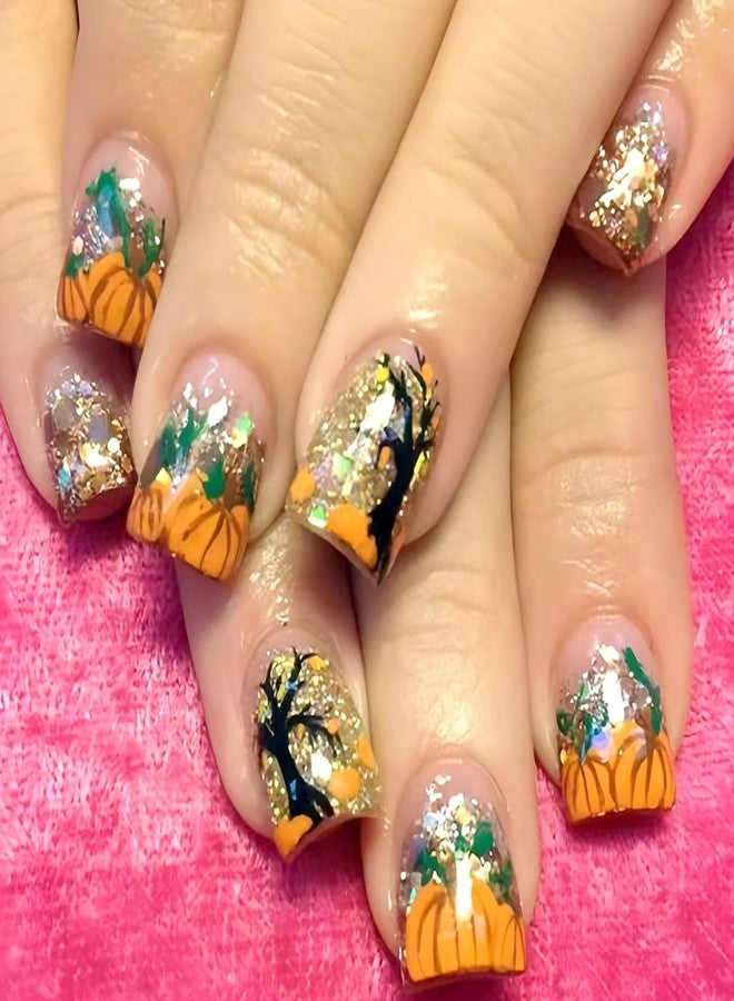 ASABITE 24Pcs Fall Press on Nails Short Square Fake Nails Halloween False Nails with Pumpkin Withered Tree Design Glitter Acrylic Nails Press ons Reusable Stick on Nail Halloween Glue on Nail for Women - Image 1
