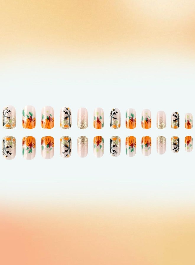 ASABITE 24Pcs Fall Press on Nails Short Square Fake Nails Halloween False Nails with Pumpkin Withered Tree Design Glitter Acrylic Nails Press ons Reusable Stick on Nail Halloween Glue on Nail for Women - Image 3