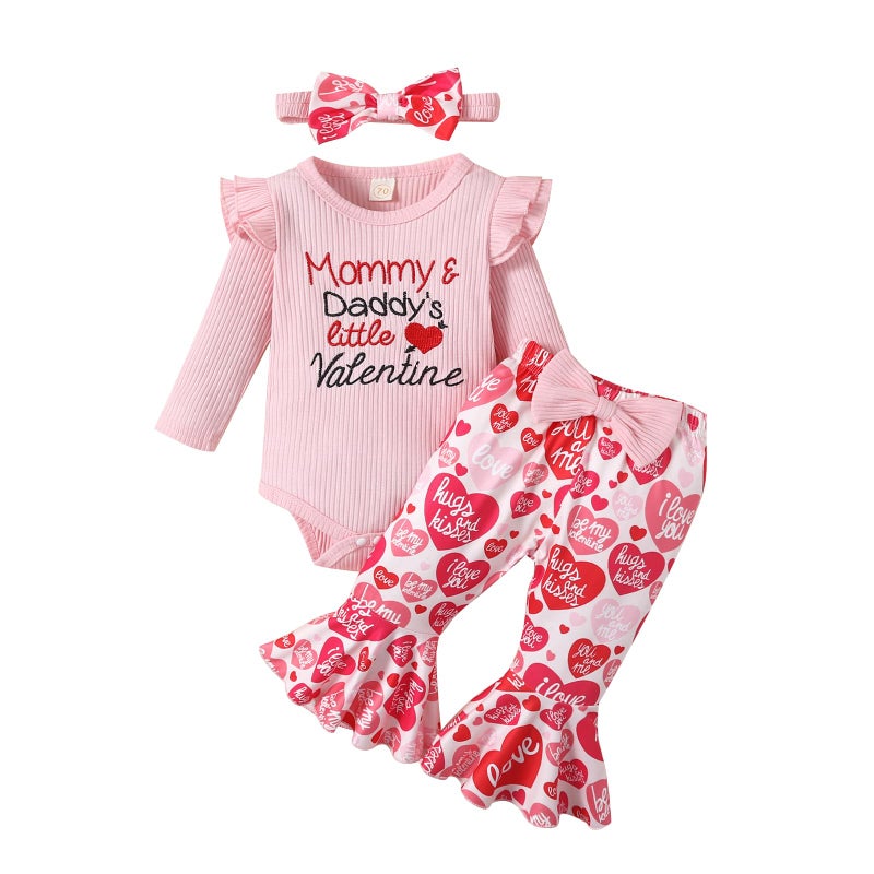 Noubeau My First Valentines Outfits Newborn Baby Girl Outfits Long Sleeve Ribbed Romper Heart Flare Pant Headband 3Pcs(Romper-3,0-3 Months) - Image 1