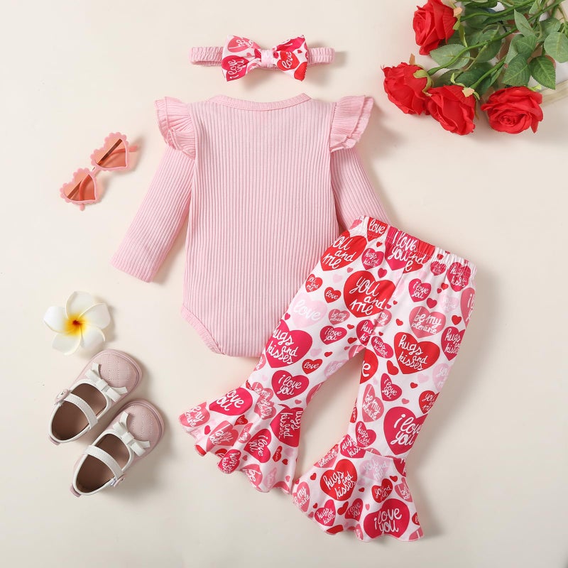 Noubeau My First Valentines Outfits Newborn Baby Girl Outfits Long Sleeve Ribbed Romper Heart Flare Pant Headband 3Pcs(Romper-3,0-3 Months) - Image 3