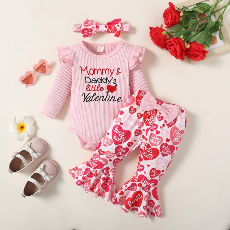 Noubeau My First Valentines Outfits Newborn Baby Girl Outfits Long Sleeve Ribbed Romper Heart Flare Pant Headband 3Pcs(Romper-3,0-3 Months) - Image 2