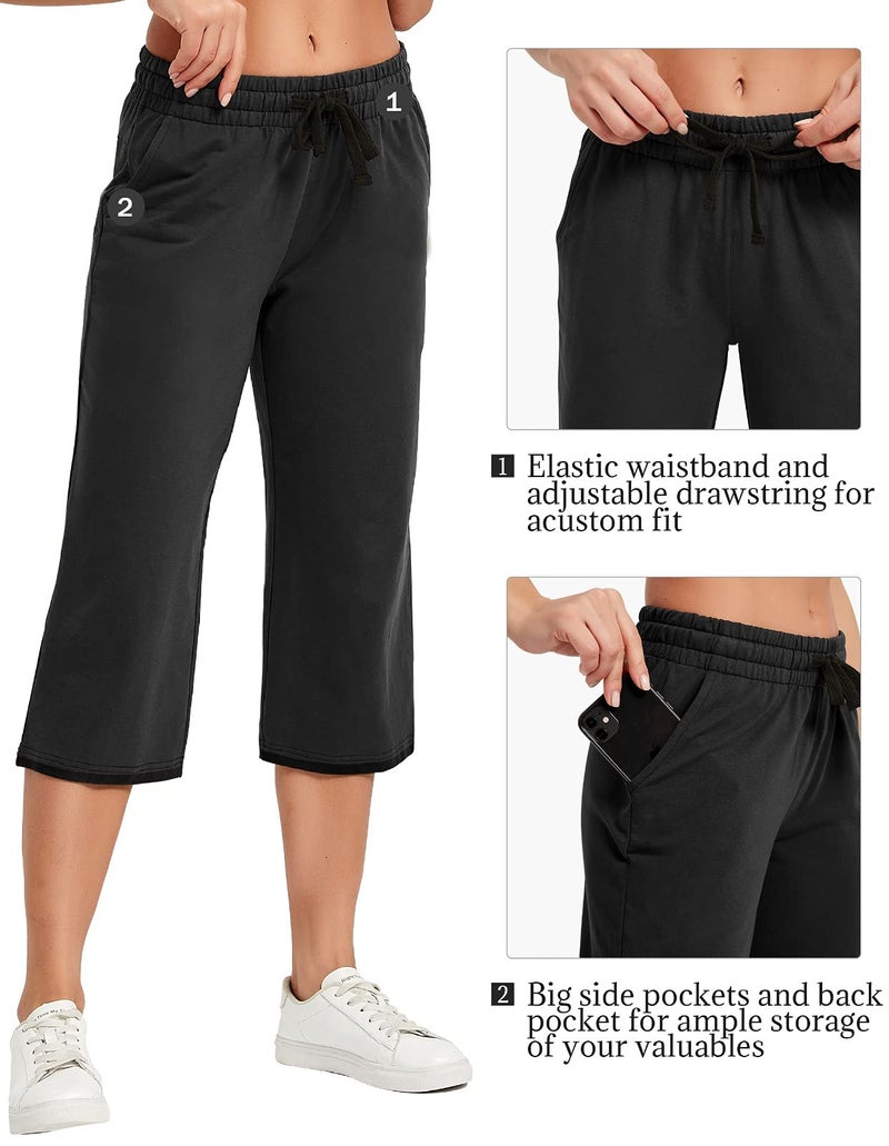 SPECIALMAGIC Women Capri Pants Cotton Yoga Wide Leg Pajama Pants Capris Sweatpants Sports Black Large - Image 5