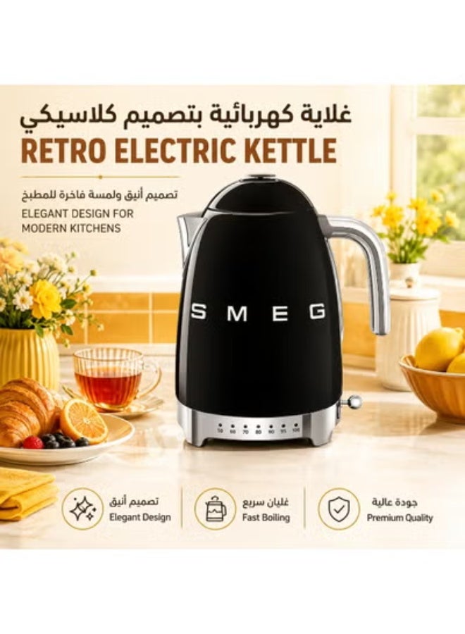 SMEG 50’s Retro Variable Temperature Electric Kettle Water Boiler, 1.7L, 2400W, 7 Heat Settings 50–100°C, 20-Min Keep Warm, 360° Swivel Base, Glossy Black - Image 2