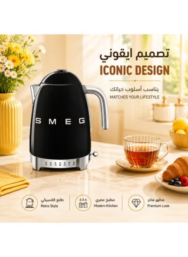 SMEG 50’s Retro Variable Temperature Electric Kettle Water Boiler, 1.7L, 2400W, 7 Heat Settings 50–100°C, 20-Min Keep Warm, 360° Swivel Base, Glossy Black - Image 1