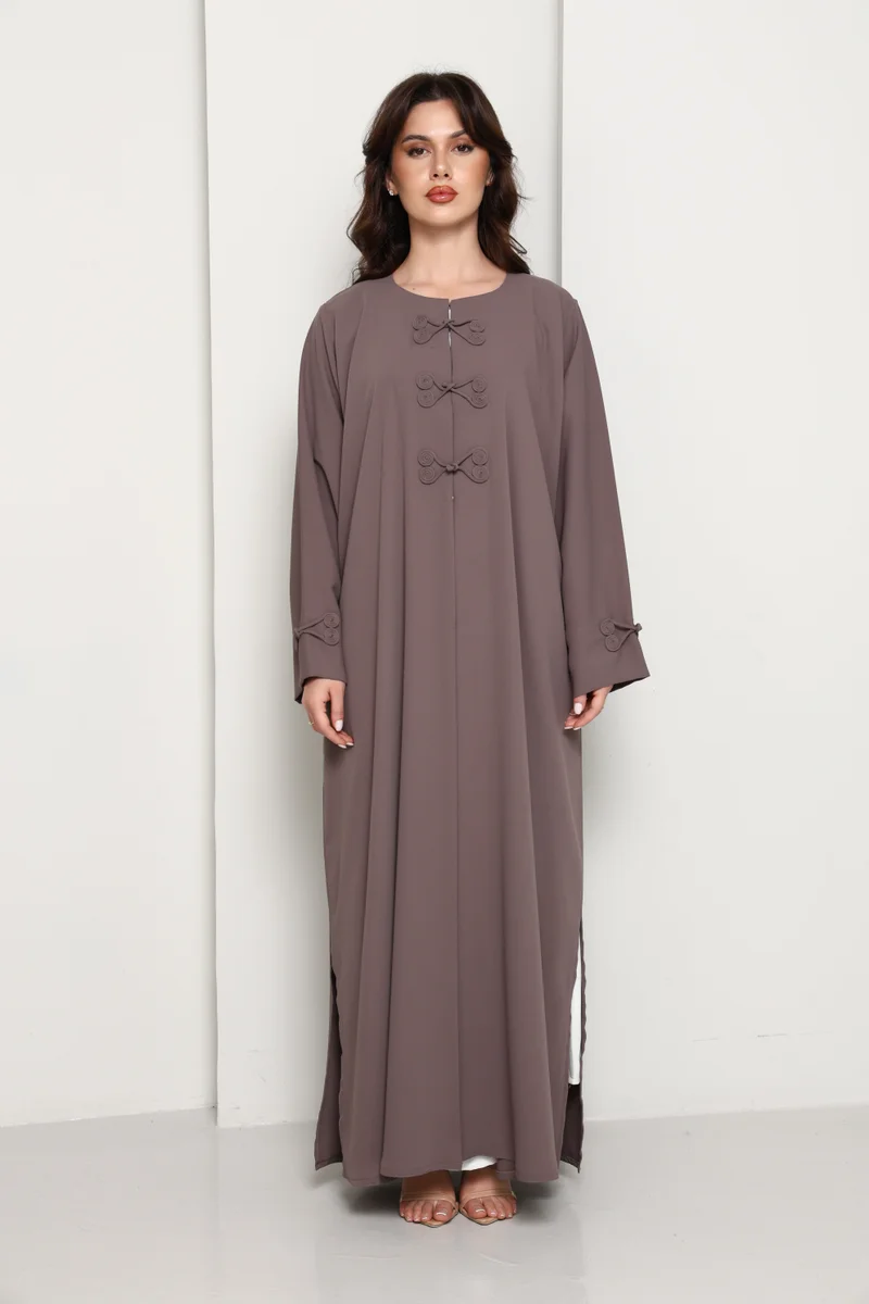 Mocha Brown Closed Abaya with Tonal Loop Fastenings