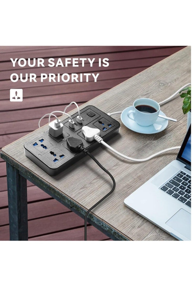 2 meters Universal Extension Lead with Multiple Function UK Plug 3 Pin Socket Outlet with 6 Gang 3 USB Port 1 Type-C Port 2M Electric Socket Mains Strip for Home Kitchen and Office 2 meters BLACK - Image 3