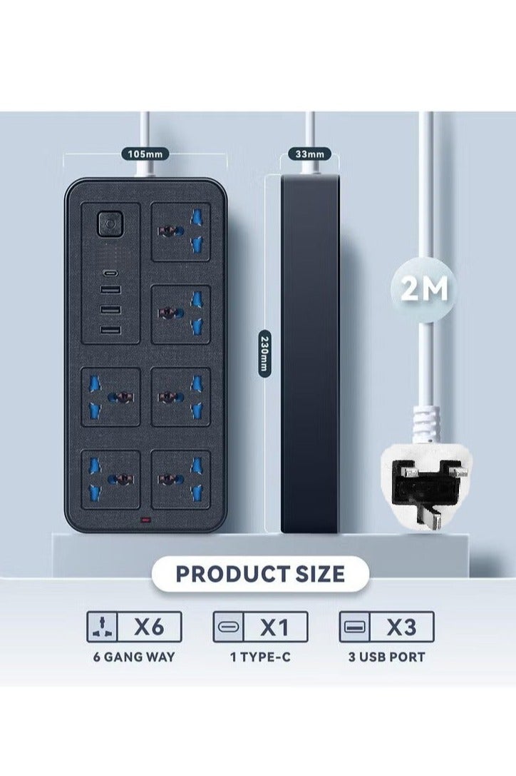 2 meters Universal Extension Lead with Multiple Function UK Plug 3 Pin Socket Outlet with 6 Gang 3 USB Port 1 Type-C Port 2M Electric Socket Mains Strip for Home Kitchen and Office 2 meters BLACK - Image 2