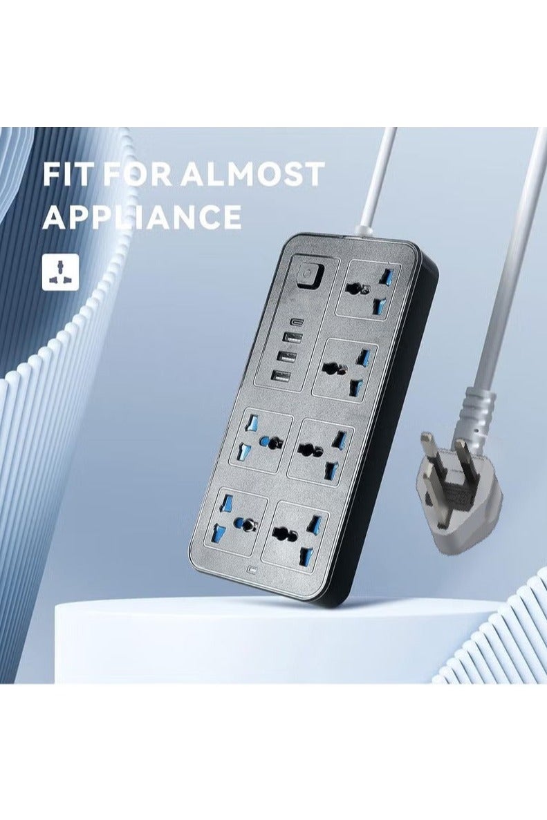 2 meters Universal Extension Lead with Multiple Function UK Plug 3 Pin Socket Outlet with 6 Gang 3 USB Port 1 Type-C Port 2M Electric Socket Mains Strip for Home Kitchen and Office 2 meters BLACK - Image 4