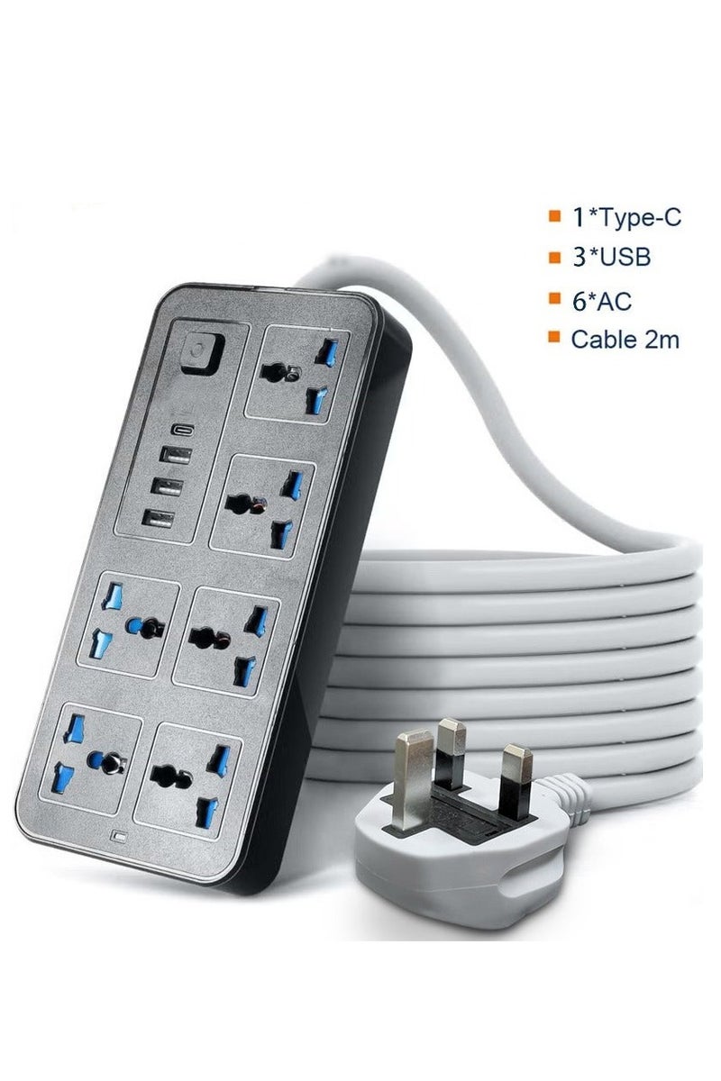 2 meters Universal Extension Lead with Multiple Function UK Plug 3 Pin Socket Outlet with 6 Gang 3 USB Port 1 Type-C Port 2M Electric Socket Mains Strip for Home Kitchen and Office 2 meters BLACK - Image 1