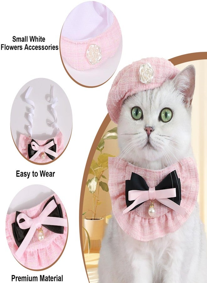 HOWWFALY 2PCS Cat Beret Hat with Small Camellia, Adjustable Satin Bowtie Bandana Scarf Set Pet Princess Costume for Halloween Christmas, Cat Dog Birthday Party Apparel (Pink Bow) - Image 4