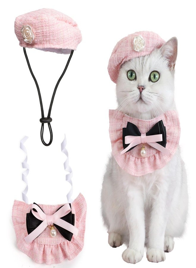 HOWWFALY 2PCS Cat Beret Hat with Small Camellia, Adjustable Satin Bowtie Bandana Scarf Set Pet Princess Costume for Halloween Christmas, Cat Dog Birthday Party Apparel (Pink Bow) - Image 1