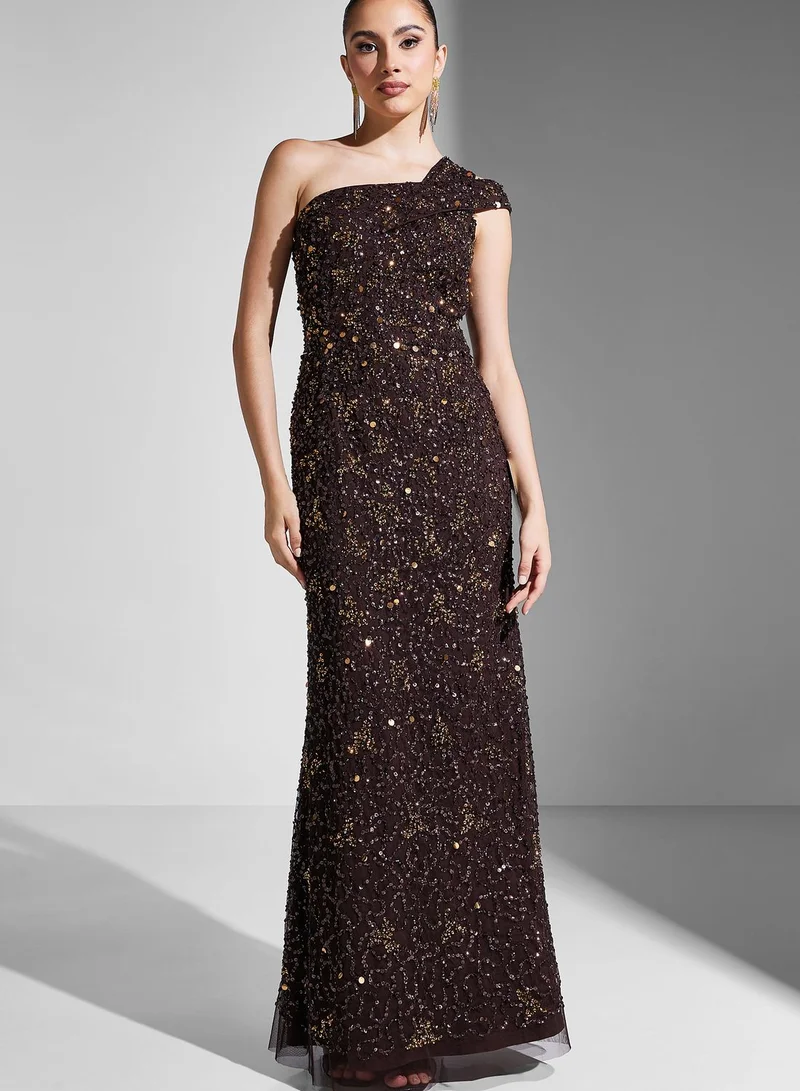 open lace back dress One Shoulder Jacquard Dress In Blue Gold-Blue/Gold / Regular / 0