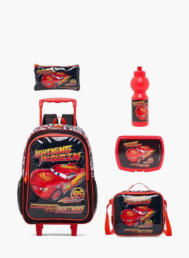 Disney Lightning Mcqueen 5-Piece School Trolley Bag Set For Boys 13+ Years With Lunch Bag And Bottle - 18 Inches