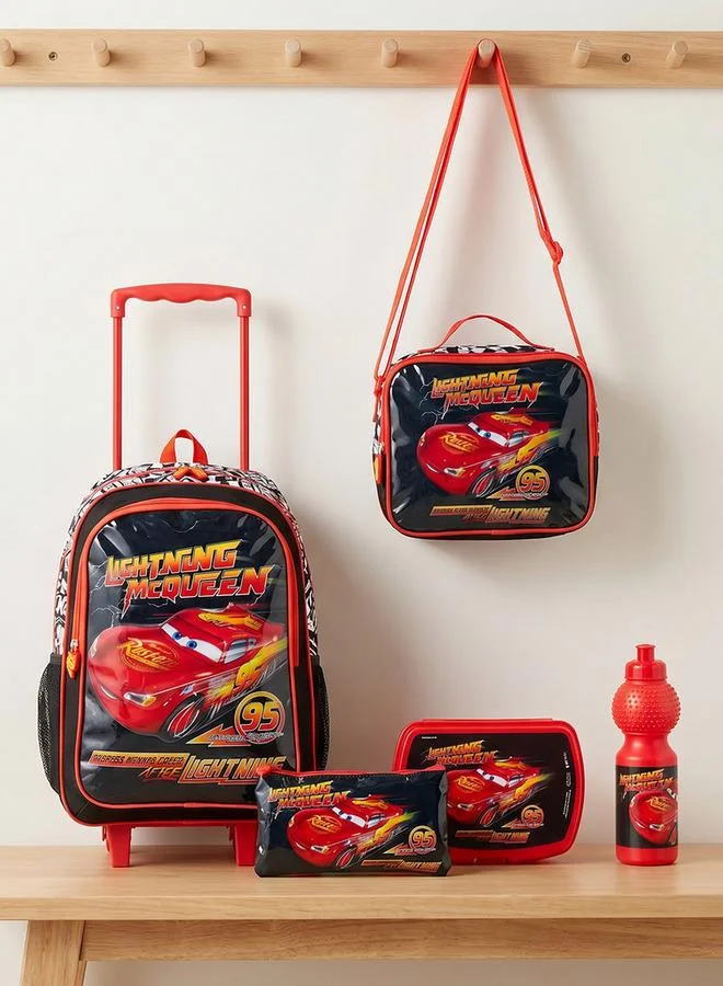 Disney Lightning Mcqueen 5-Piece School Trolley Bag Set For Boys 13+ Years With Lunch Bag And Bottle - 18 Inches