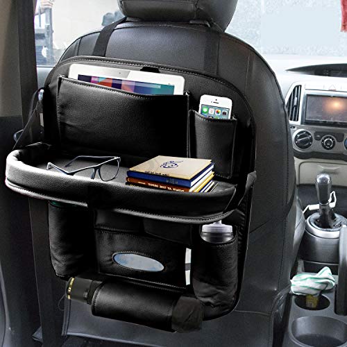 coku Car Backseat Organizer with Tablet Holder，9 Storage Pockets PU Leather Car Storage Organizer with Foldable Table Tray Car Seat Back Tablet, Mobile, Bottle, Tissue Box and Umbrella Holder (Black) - Image 1
