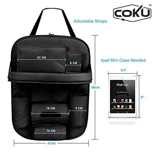 coku Car Backseat Organizer with Tablet Holder，9 Storage Pockets PU Leather Car Storage Organizer with Foldable Table Tray Car Seat Back Tablet, Mobile, Bottle, Tissue Box and Umbrella Holder (Black) - Image 4