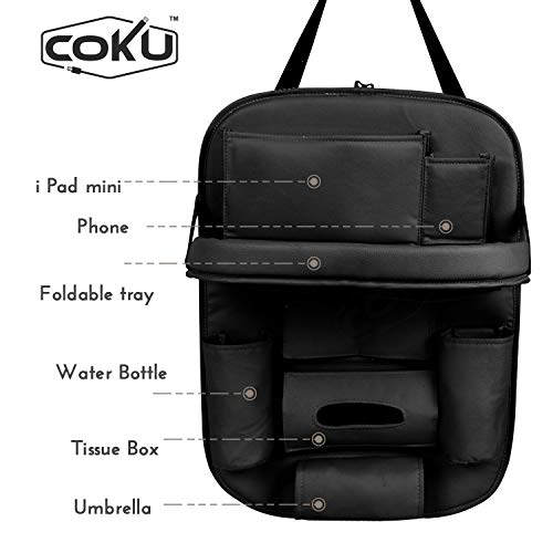 coku Car Backseat Organizer with Tablet Holder，9 Storage Pockets PU Leather Car Storage Organizer with Foldable Table Tray Car Seat Back Tablet, Mobile, Bottle, Tissue Box and Umbrella Holder (Black) - Image 2