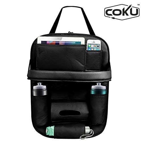 coku Car Backseat Organizer with Tablet Holder，9 Storage Pockets PU Leather Car Storage Organizer with Foldable Table Tray Car Seat Back Tablet, Mobile, Bottle, Tissue Box and Umbrella Holder (Black) - Image 3