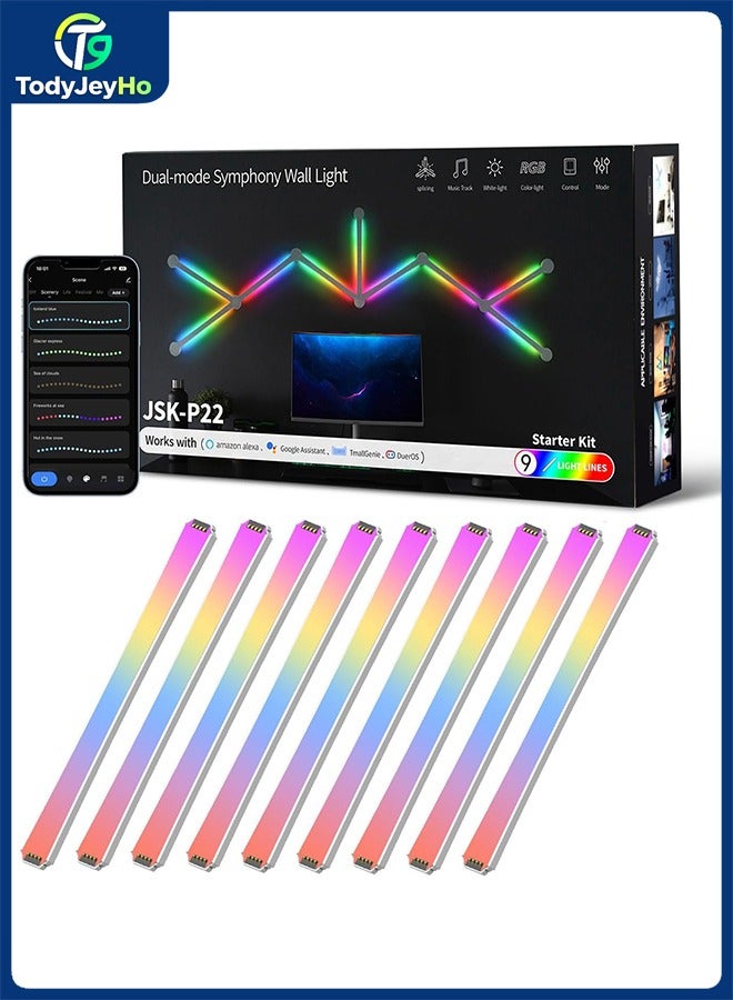 Smart wall lighting with Wi-Fi technology, 9 pieces, synchronized with music in multiple colors, more than 40 dynamic scenes, operated by Alexa and Google Assistant, the LED lighting sector for home decoration, clubs, bars and home.