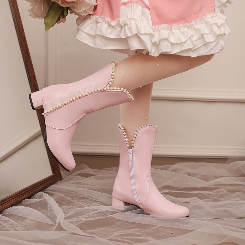 2024 Independent Station Low-Heeled Pearl Edge 28-43 Size Casual Low-Heeled Women'S Boots Tide - Image 5