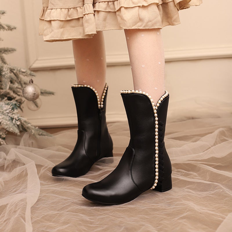 2024 Independent Station Low-Heeled Pearl Edge 28-43 Size Casual Low-Heeled Women'S Boots Tide - Image 3