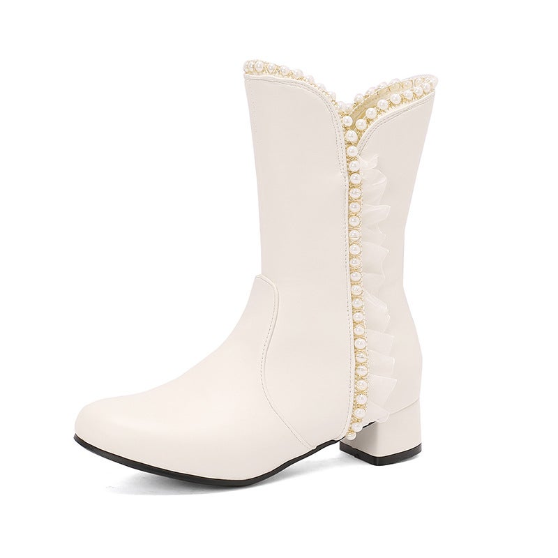 2024 Independent Station Low-Heeled Pearl Edge 28-43 Size Casual Low-Heeled Women'S Boots Tide - Image 1