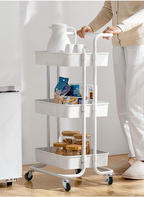 3-Tier Rolling Storage Shelf Utility Cart With 2 Lockable Wheels and Ergonomic Handle