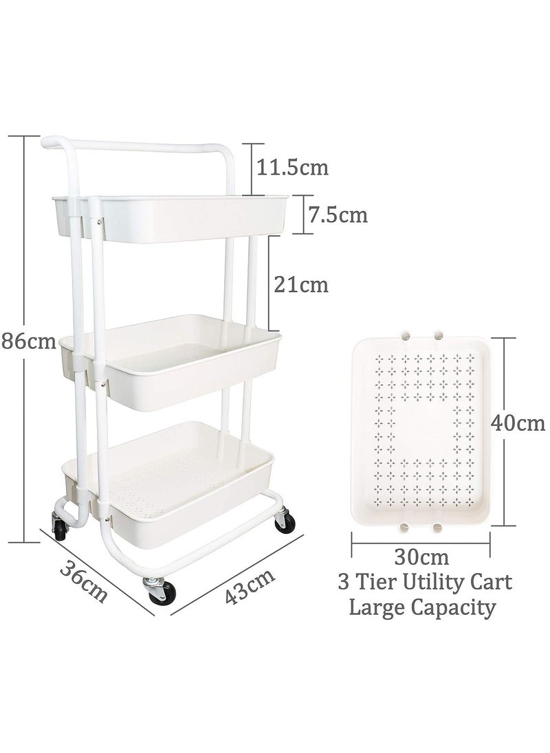 3-Tier Rolling Storage Shelf Utility Cart With 2 Lockable Wheels and Ergonomic Handle
