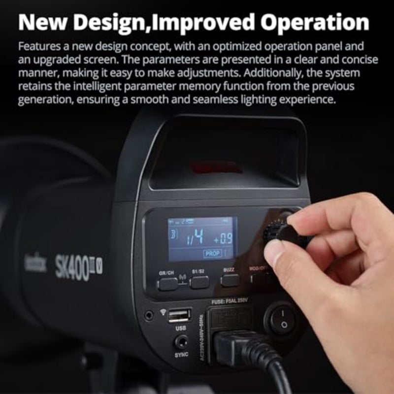 Professional portrait and ecommerce studio flash: SK400IIIV 400Ws, Bowens mount, black aluminum alloy, 2.4GHz X system, 10W LED modeling lamp, GN65, 0.11.5s charge time - Image 3