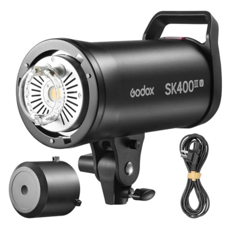 Professional portrait and ecommerce studio flash: SK400IIIV 400Ws, Bowens mount, black aluminum alloy, 2.4GHz X system, 10W LED modeling lamp, GN65, 0.11.5s charge time - Image 1
