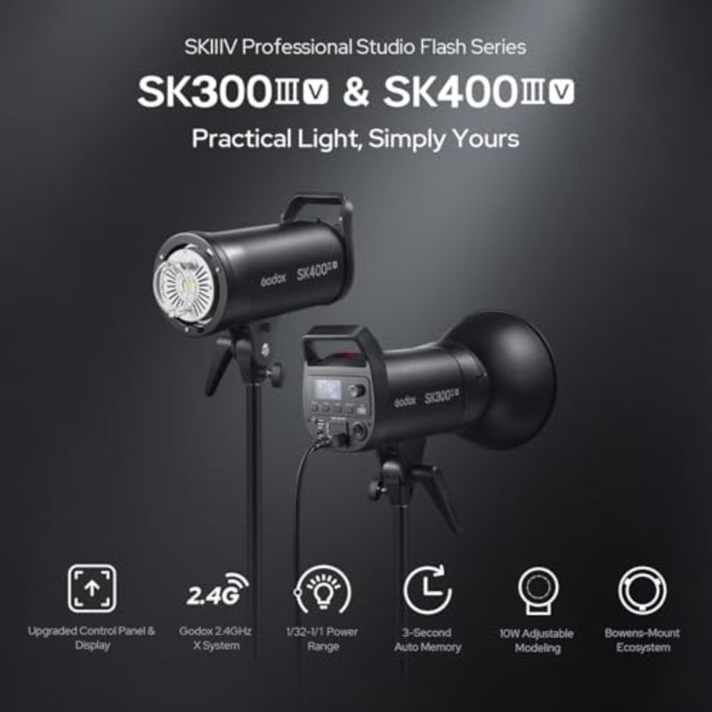 Professional portrait and ecommerce studio flash: SK400IIIV 400Ws, Bowens mount, black aluminum alloy, 2.4GHz X system, 10W LED modeling lamp, GN65, 0.11.5s charge time - Image 2