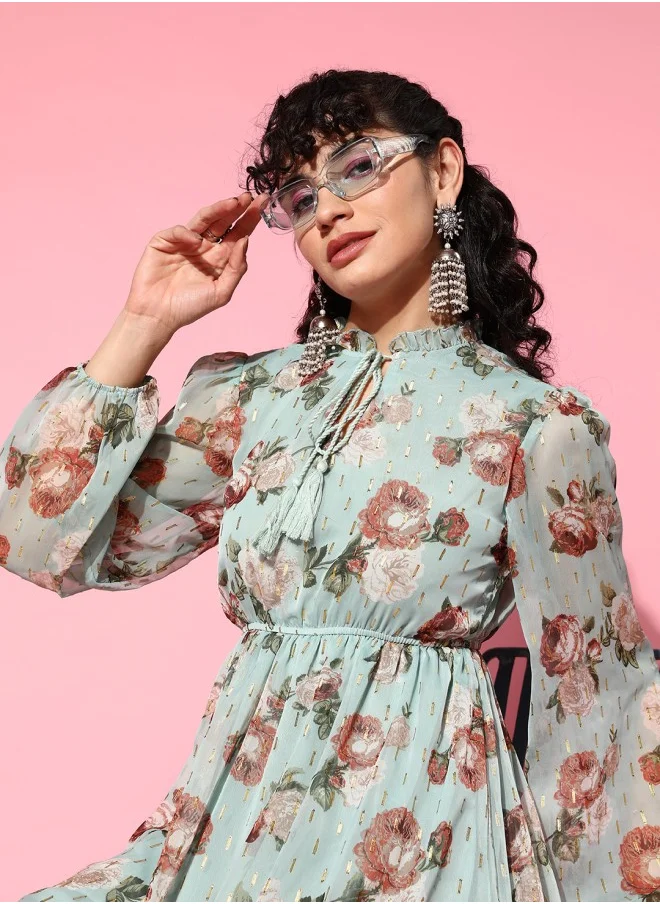 آي شين Aline Fit Self Design Pattern Tie-Up Neck Neck 3/4 sleeve AQUA Colour Woven Cotton Dresses for Women with Semi Elastic Closure - Blending Tradition with Modern Style