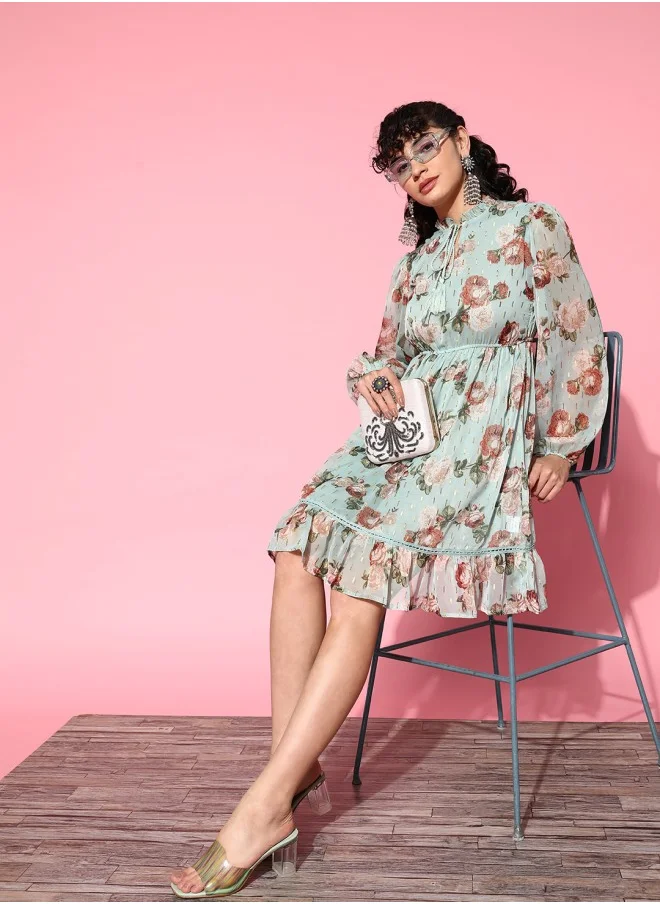آي شين Aline Fit Self Design Pattern Tie-Up Neck Neck 3/4 sleeve AQUA Colour Woven Cotton Dresses for Women with Semi Elastic Closure - Blending Tradition with Modern Style