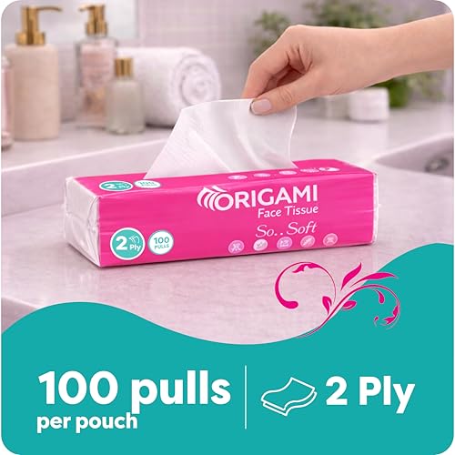 Origami So Soft 2 Ply Facial Tissue Pack | Ultra Soft, Skin Friendly & Highly Absorbent Face Tissues | Multipurpose Car, Home & Office Use | Pack of 6 (100 Pulls Per Pouch, 600 Sheets) - Image 3