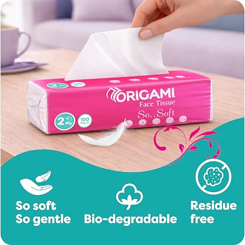 Origami So Soft 2 Ply Facial Tissue Pack | Ultra Soft, Skin Friendly & Highly Absorbent Face Tissues | Multipurpose Car, Home & Office Use | Pack of 6 (100 Pulls Per Pouch, 600 Sheets) - Image 2