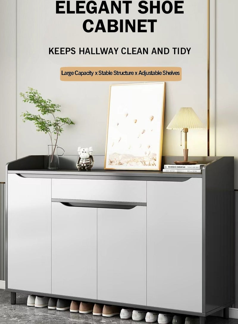 اليسا خزانة أحذية عصرية باللونين الرمادي والأبيض مع درج - مصنوعة من ألياف متوسطة الكثافة (MDF) ومعدن، بأربعة أبواب لتخزين أكثر من 34 زوجًا، بتصميم سطح عمل مرتفع، مقاس 140×100×30 سم - منظم أنيق للمدخل للعائلات وعشاق الموضة - Image 2