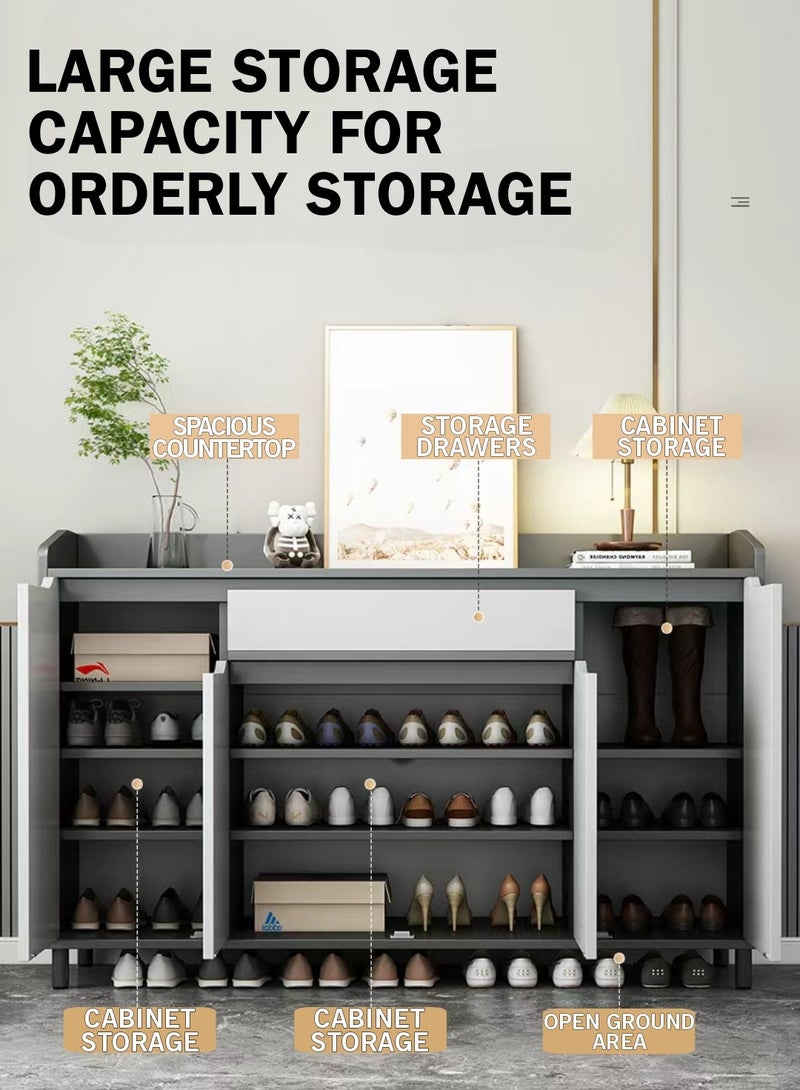 اليسا خزانة أحذية عصرية باللونين الرمادي والأبيض مع درج - مصنوعة من ألياف متوسطة الكثافة (MDF) ومعدن، بأربعة أبواب لتخزين أكثر من 34 زوجًا، بتصميم سطح عمل مرتفع، مقاس 140×100×30 سم - منظم أنيق للمدخل للعائلات وعشاق الموضة - Image 4