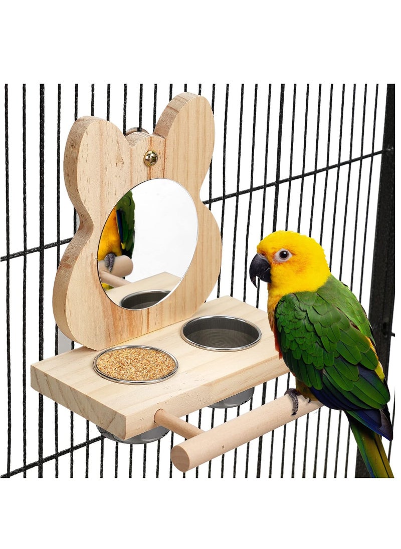 Bird Perch with Mirror and Stainless Steel Feeding Cups,Wooden Parrot Mirror Toy for Bird Cage, Bird Food water Feeder Perches for Budgie Parakeet Lovebird African Grey Macaw Cockatiels, And Fun Play - Image 1