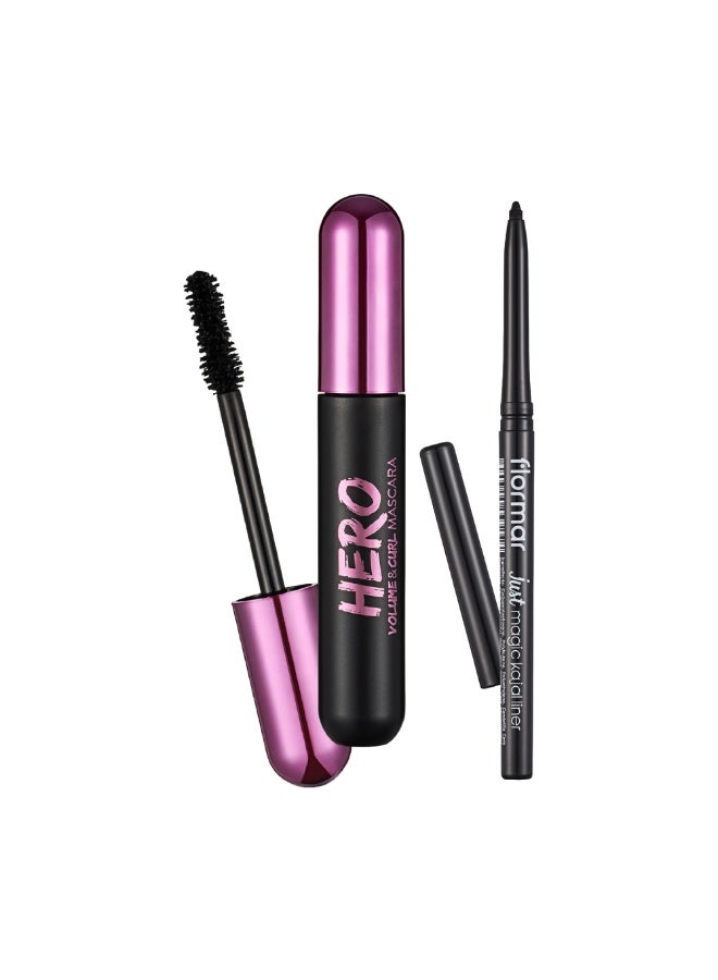 flormar Volume & Curl Hero Mascara & Just Magic Kajal Liner Blister Set Value Pack - Image 1