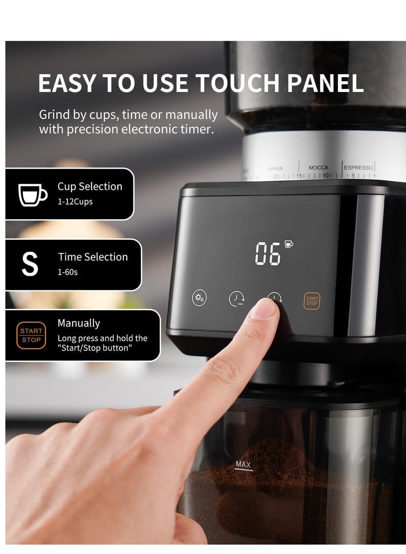 SHARDOR Conical Burr Espresso Coffee Grinder Electric with Precision Timer 2.0, Touchscreen Adjustable Burr Mill with 51 Precise Settings for Home Use, Anti-static, Stainless Steel - Image 2