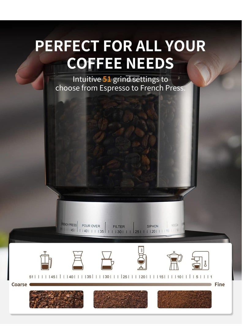 SHARDOR Conical Burr Espresso Coffee Grinder Electric with Precision Timer 2.0, Touchscreen Adjustable Burr Mill with 51 Precise Settings for Home Use, Anti-static, Stainless Steel - Image 4