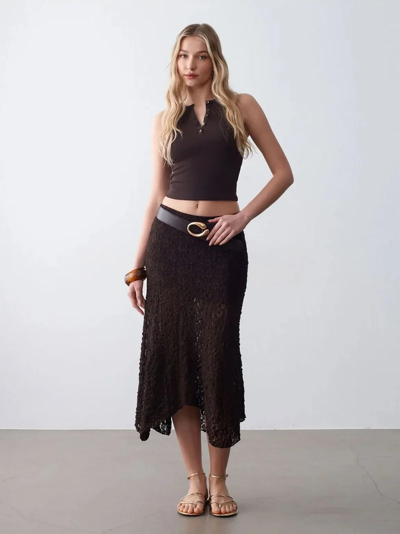 ديلفين DILVIN High-Waist Lace A-Line Midi Skirt
